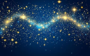 Sparkling golden and blue stars wave on dark blue background.