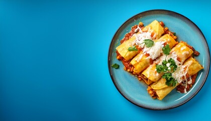 Mexican food enchiladas in plate on blue background