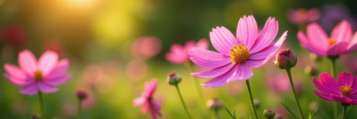 Obraz premium Cosmos flowers in full bloom, soft sunlight, tranquil garden setting , beauty, blossom, sunlight