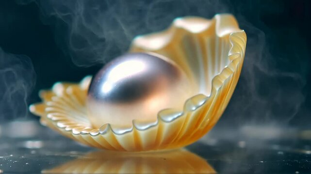 A pearl is inside a shell. The pearl is white and the shell is pink