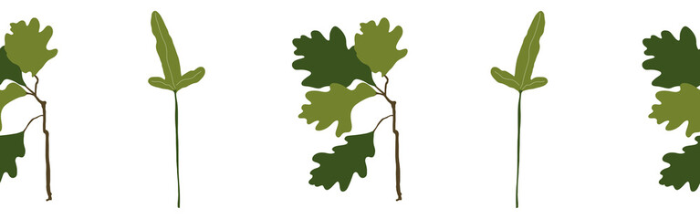 Green leaves border on a white background. Hand-drawn illustration. Perfect for spring and summer.