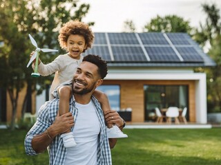 A father carries his child on his shoulders in a yard with a modern house featuring rooftop solar panels. The child is holding a toy pinwheel, symbolizing sustainable energy and happiness