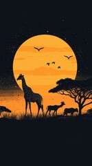 African Savanna Sunset Silhouette With Giraffe And Other Animals