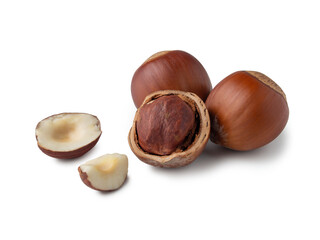 A collection of hazelnuts lies on a pristine white background, showcasing their smooth shells along with one nut partially removed to reveal its creamy interior. A feast for the senses awaits.