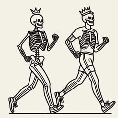 Fototapeta premium A playful illustration of two skeletons running, one wearing a crown, depicting a humorous take on fitness and vitality.