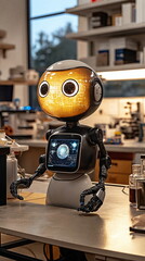 Fototapeta premium Cute robot with animated eyes standing on a laboratory table surrounded by scientific instruments and equipment, creating a futuristic tech atmosphere in the lab.