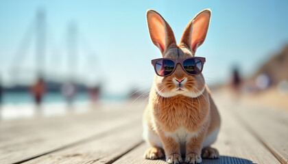 Cool bunny in sunglasses enjoying sunny beach day, perfect for Easter holiday promo