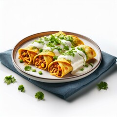 Mexican food enchiladas in plate on white background