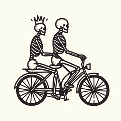 Naklejka premium Two skeletons ride a bicycle, with one wearing a crown, creating a playful and whimsical scene.