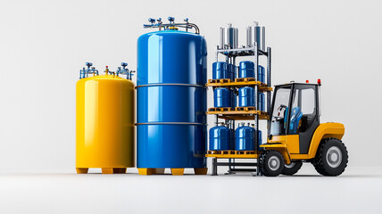 A yellow and blue industrial gas cylinders are being transported by a forklift. The cylinders are in various sizes and are neatly arranged on a rack.