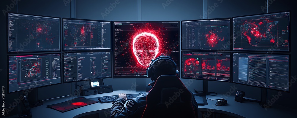 Poster hacker monitoring global network activity with red-highlighted data and a digital face