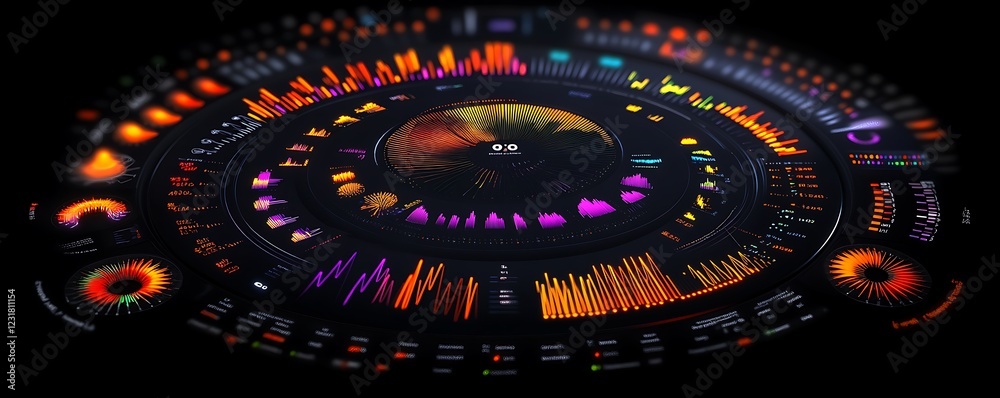 Poster futuristic circular data visualization interface with dynamic graphs and charts