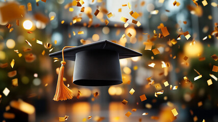 Joyful Graduation Celebration Black Cap Tossed Amidst Golden Confetti