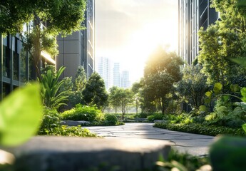 A walkway in a park with trees and a city in the background