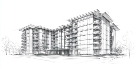 Fototapeta premium Architectural Sketch of a Modern Apartment Building