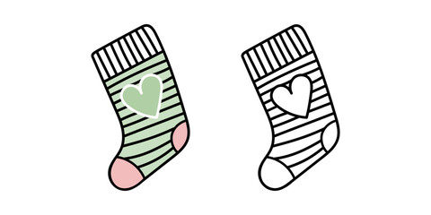Cute striped sock doodle flat  and outline illustration with heart symbol