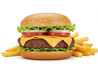 A cheeseburger with lettuce, tomato, onion, and fries on the side.