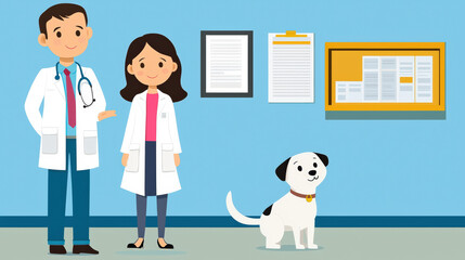 Obraz premium A friendly veterinary clinic scene featuring two veterinarians, a dog, and various documents on the wall, creating a welcoming atmosphere.