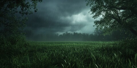 A field of grass is shown in the rain