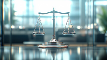 Elegant scales of justice in a modern office setting