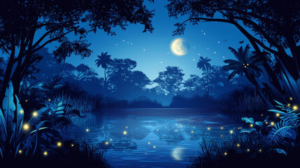Night jungle forest with swamp vector background. Magic game landscape with water in lake, dark tree, spooky firefly and mystic enchanted environment scenery. Plants silhouette above moonlight ray