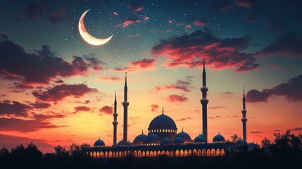 Fototapeta premium Sunset over a mosque with crescent moon in the sky