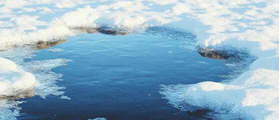 Fototapeta premium Frozen puddles reflect light amid snow on a dark background during winter