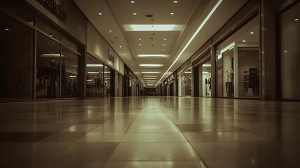 Obraz premium Empty shopping mall interior with closed storefronts, depicting a quiet and desolate atmosphere, symbolizing the impact of economic changes and shifting consumer trends