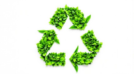 Green recycling symbol made of fresh leaves on a white background, eco-friendly and sustainability concept  
