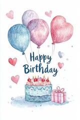 Birthday card with cake, gift, balloons, and hearts for celebration