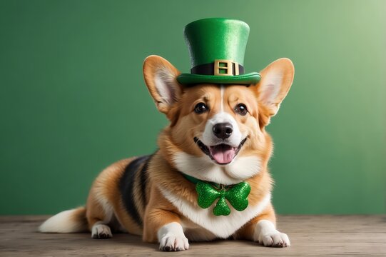 Happy corgi dog wearing a green leprechaun hat and bow tie for St. Patrick's Day.