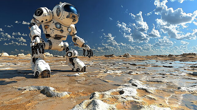 Robot exploring alien landscape under blue sky with fluffy clouds and rocky terrain during daylight, showcasing futuristic technology and imaginative design.