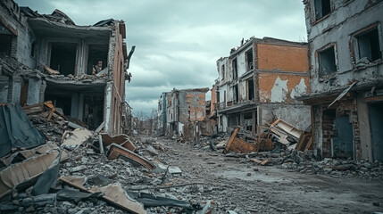 Destroyed city buildings after war or earthquake. Vector cartoon set of abandoned broken houses isolated on white background. Derelict town ruins after explosion or natural disaster