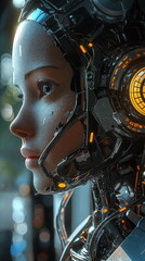 Fototapeta premium Futuristic robotic face with intricate circuitry and glowing elements reflecting advanced technology and artificial intelligence concepts.