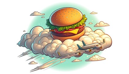 A burger floating on a cloud, with whimsical cartoon style art