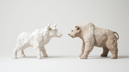 Abstract bull and bear sculptures symbolizing market dynamics
