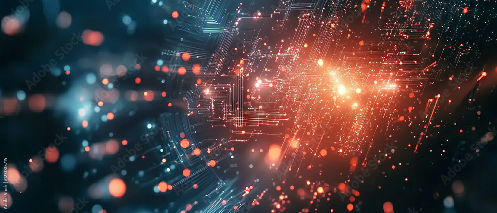 Poster intricate cybernetic patterns illuminated by vibrant sparks in a dynamic abstract background
