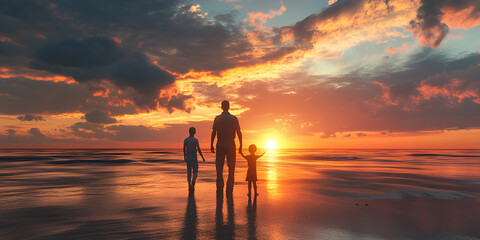 Family Enjoying a Sunset Walk on the Beach