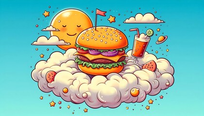 A burger floating on a cloud, with whimsical cartoon style art
