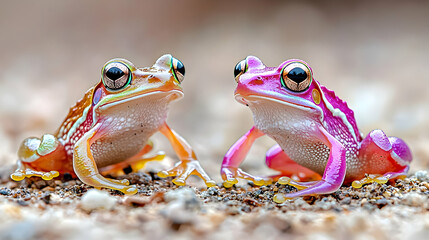 Naklejka premium Two colorful frogs facing each other on ground
