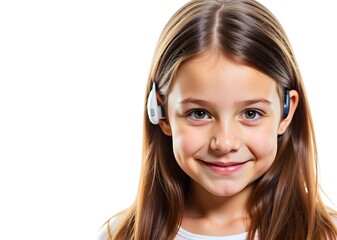 Naklejka premium Close up of girl wearing hearing aids on white background