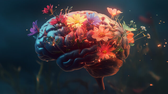 Human brain with blooming flowers, mental health concept, positive thinking, creative mind, surrealism style