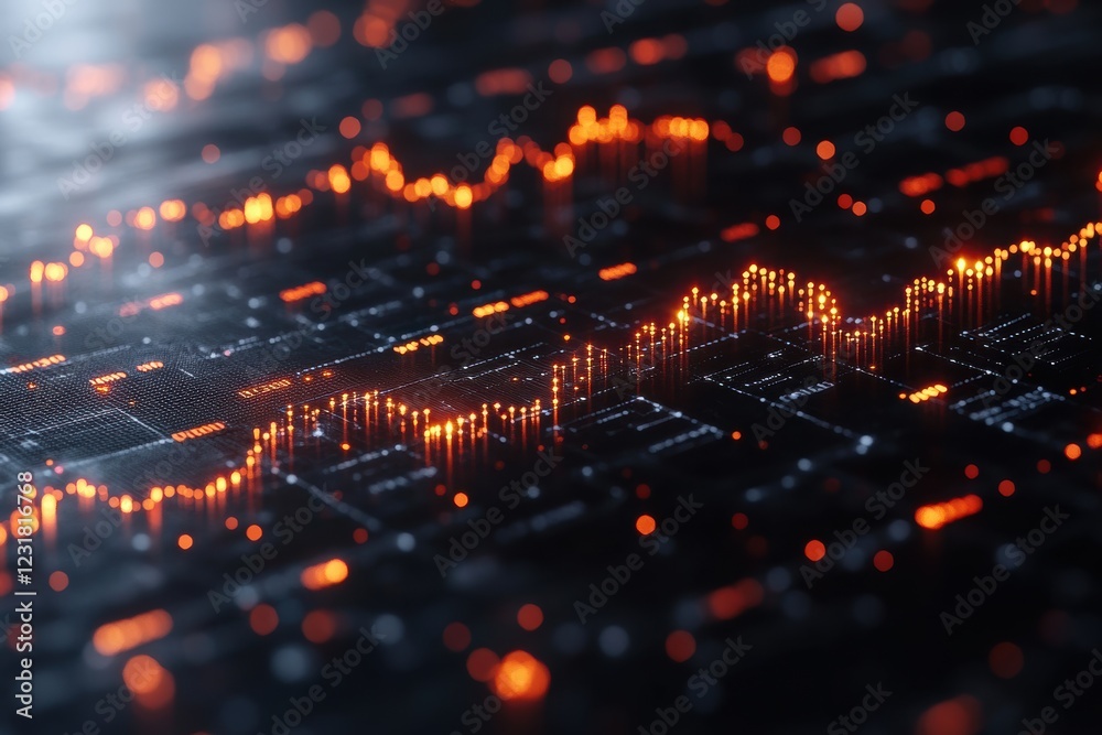 Leinwandbilder a close-up view of dynamic digital data displayed on a dark background, showcasing vibrant orange li