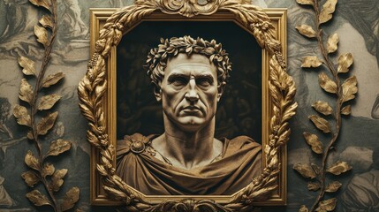 Framed Bust of a Person with a Laurel Wreath, Surrounded by Golden Accents
