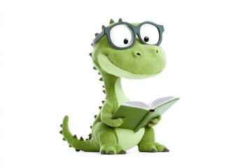 Fototapeta premium Smart dinosaur reading book with glasses