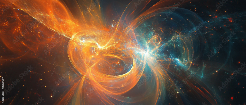 Poster exploring quantum effects with an abstract spark network background for creative design