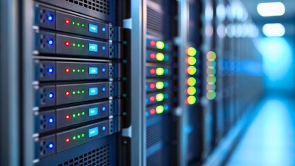 Obraz premium Modern Data Center with Server Racks and Colorful LED Indicators in High-Tech Environment