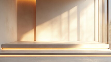 Fototapeta premium Close-up of a minimalist podium with clean lines and soft lighting, perfect for a modern product display 