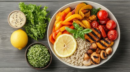 Healthy foods whole grains detox concept. A vibrant bowl of grilled vegetables, quinoa, and fresh herbs, accompanied by lemon and sauces, showcasing healthy eating and colorful ingredients.