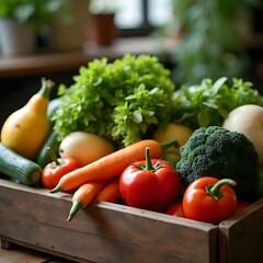 Bountiful Harvest Artfully Arranged Fresh Produce on Rustic Wood Crate
